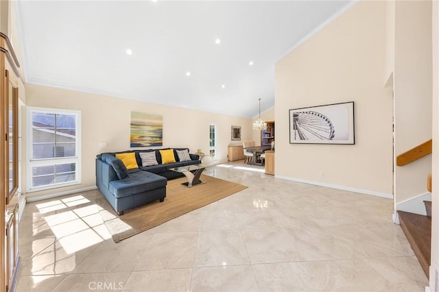 living area featuring high vaulted ceiling, plenty of natural light, baseboards, and stairs