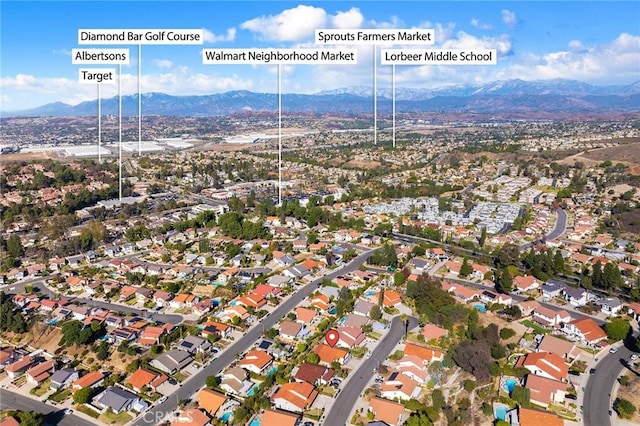 drone / aerial view with a residential view and a mountain view