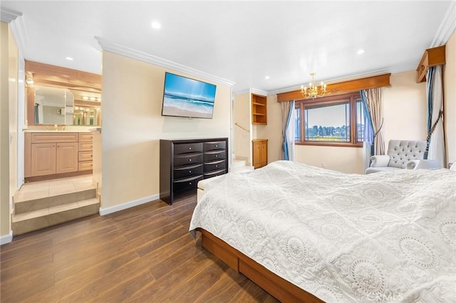 bedroom featuring a notable chandelier, recessed lighting, ornamental molding, a sink, and wood finished floors