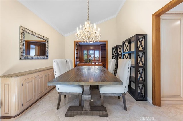 dining room with lofted ceiling, an inviting chandelier, ornamental molding, and marble finish floor