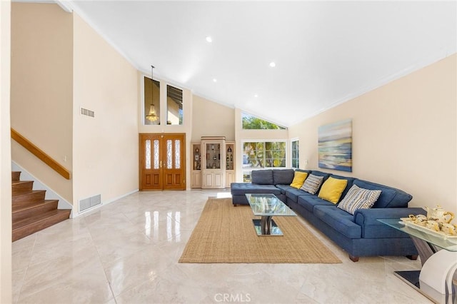 living room featuring high vaulted ceiling, visible vents, baseboards, stairs, and marble finish floor