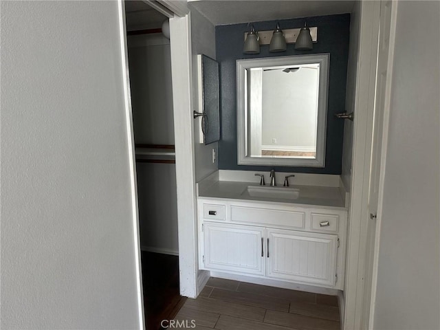 bathroom with wood finish floors and vanity