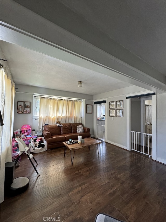 living area with a healthy amount of sunlight, baseboards, and wood finished floors