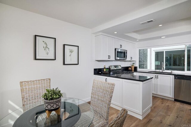 kitchen featuring stainless steel appliances, visible vents, a sink, and white cabinetry