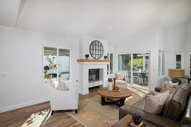 living area featuring high vaulted ceiling, a glass covered fireplace, baseboards, and wood finished floors