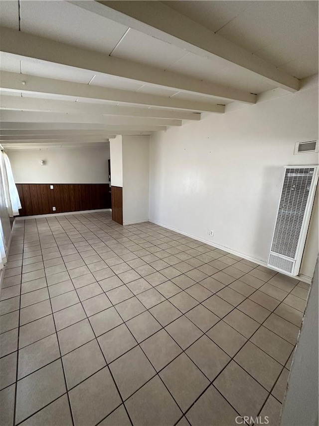 empty room with visible vents, wainscoting, beam ceiling, and wooden walls