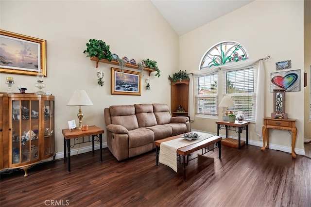 living area with baseboards, dark wood-style flooring, and high vaulted ceiling