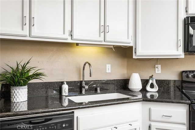 kitchen with white cabinetry, a sink, range with electric cooktop, black microwave, and dishwasher