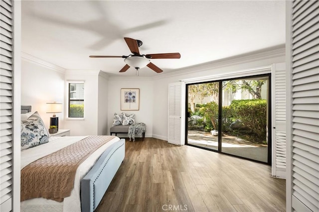 bedroom with access to outside, ornamental molding, multiple windows, and wood finished floors