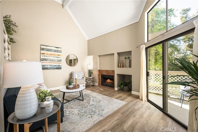 living area with high vaulted ceiling, ornamental molding, and wood finished floors