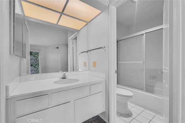 bathroom with enclosed tub / shower combo, tile patterned flooring, toilet, vanity, and visible vents