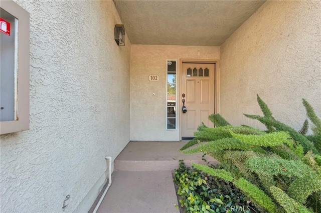 doorway to property featuring stucco siding