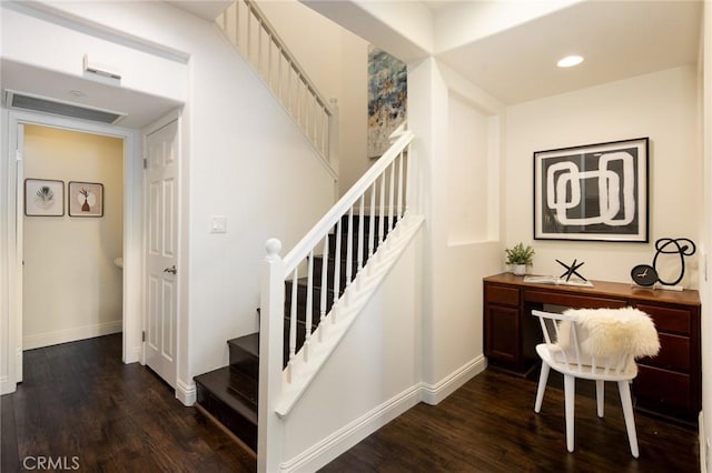 stairs with recessed lighting, wood finished floors, visible vents, and baseboards