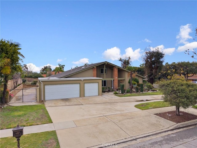 mid-century modern home featuring an attached garage, a front lawn, fence, driveway, and a gate