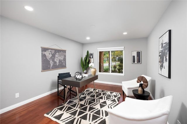 office space featuring recessed lighting, baseboards, and wood finished floors