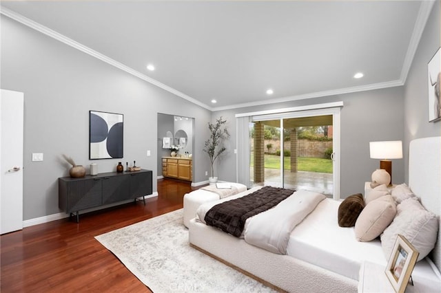 bedroom featuring dark wood-style floors, baseboards, recessed lighting, ornamental molding, and access to outside