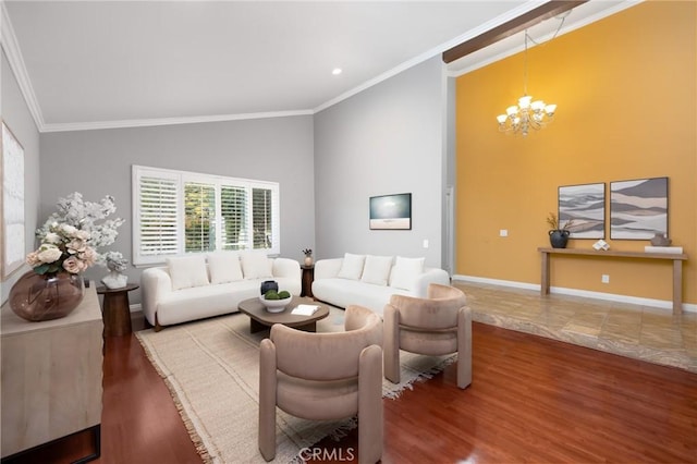 living room featuring high vaulted ceiling, wood finished floors, an inviting chandelier, crown molding, and baseboards