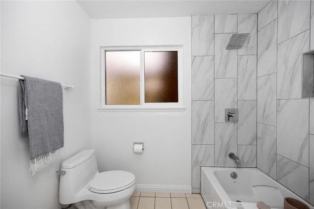 full bath featuring tile patterned floors, toilet, tub / shower combination, and baseboards