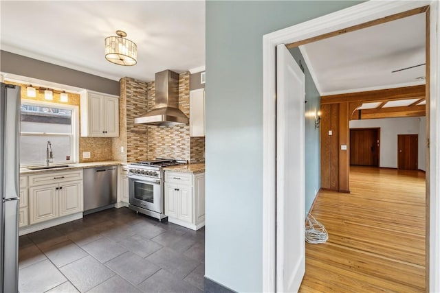 kitchen featuring appliances with stainless steel finishes, white cabinetry, a sink, and wall chimney range hood