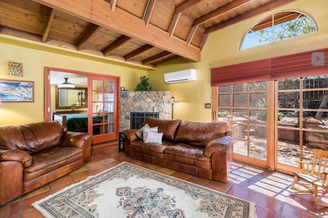 living room with wooden ceiling, a fireplace, beam ceiling, and a wall mounted air conditioner