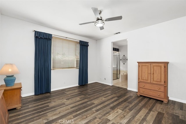 41211 Crooked Stick Dr, Temecula, CA 92591 - unfurnished bedroom featuring wood finished floors, baseboards, a ceiling fan, and connected bathroom