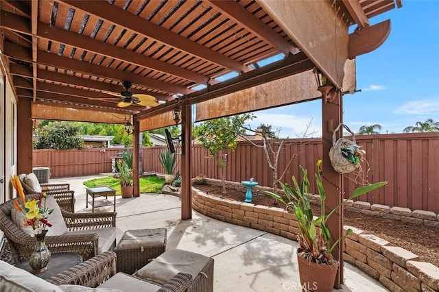 view of patio featuring ceiling fan, a pergola, a fenced backyard, and central air condition unit