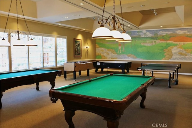 playroom with billiards, carpet flooring, and recessed lighting