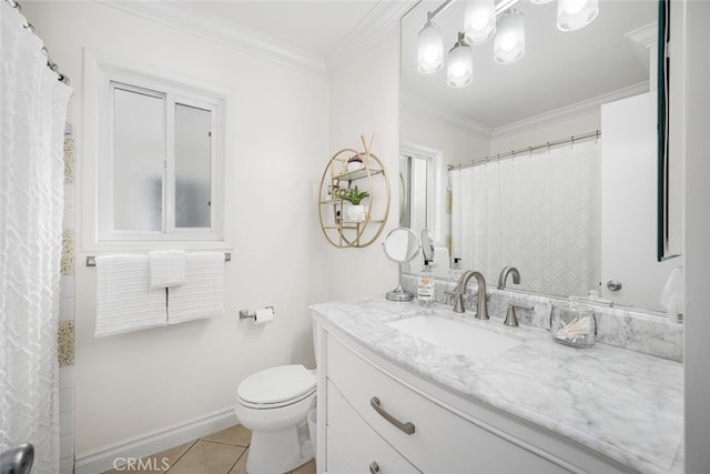 bathroom featuring vanity, toilet, ornamental molding, and tile patterned flooring
