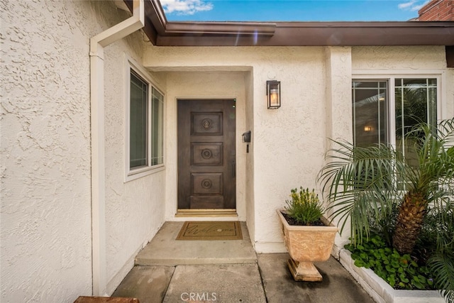 view of exterior entry featuring stucco siding