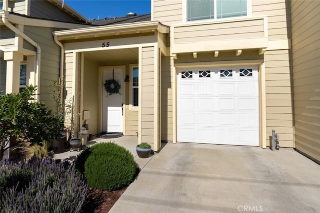 property entrance featuring an attached garage and concrete driveway