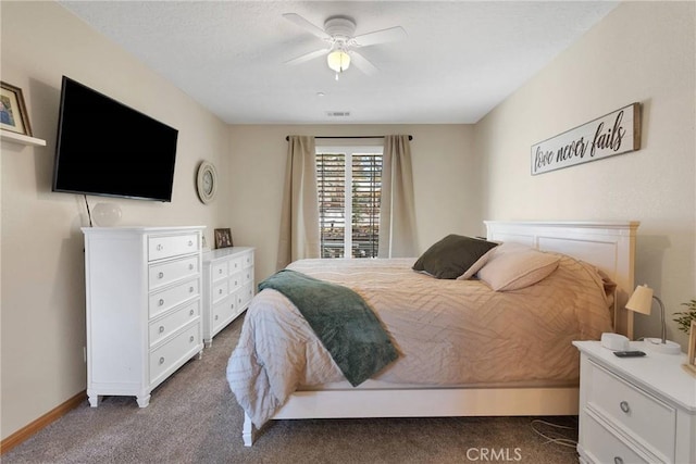 bedroom featuring a ceiling fan, dark carpet, visible vents, and baseboards