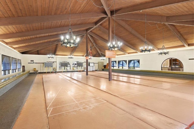 view of home's community with a notable chandelier and shuffleboard