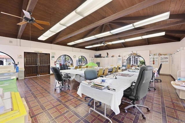 home office featuring beam ceiling, high vaulted ceiling, wood ceiling, and ceiling fan