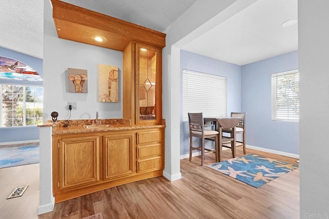 bar with a healthy amount of sunlight, wood finished floors, baseboards, and a sink