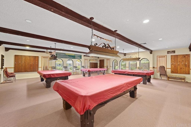 playroom with beam ceiling, billiards, recessed lighting, and a textured ceiling