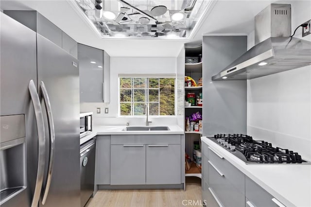 kitchen featuring gray cabinetry, stainless steel appliances, a sink, wall chimney range hood, and light wood-type flooring