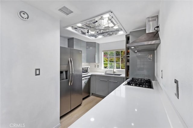 kitchen with gray cabinetry, stainless steel appliances, a sink, visible vents, and wall chimney range hood