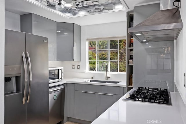 kitchen with gray cabinetry, appliances with stainless steel finishes, a sink, modern cabinets, and extractor fan