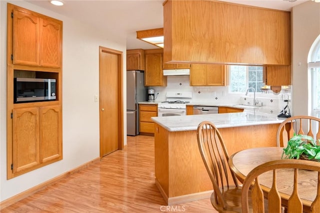 kitchen with stainless steel appliances, tasteful backsplash, a sink, a peninsula, and under cabinet range hood