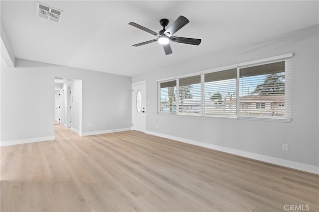 unfurnished living room featuring ceiling fan, light wood-style flooring, visible vents, and baseboards