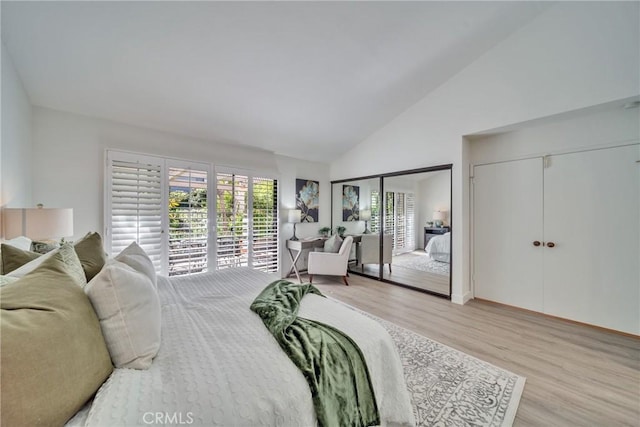 bedroom featuring high vaulted ceiling, multiple windows, light wood finished floors, and two closets