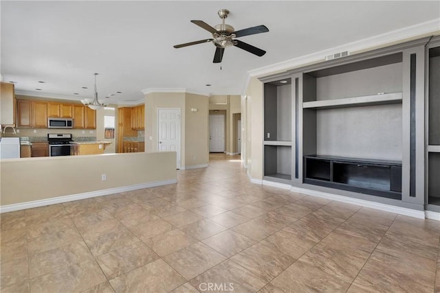 unfurnished living room featuring built in shelves, visible vents, crown molding, and ceiling fan with notable chandelier