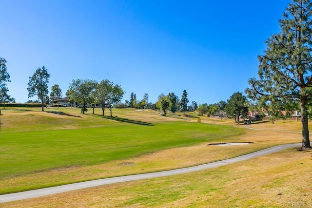 view of community featuring view of golf course and a yard