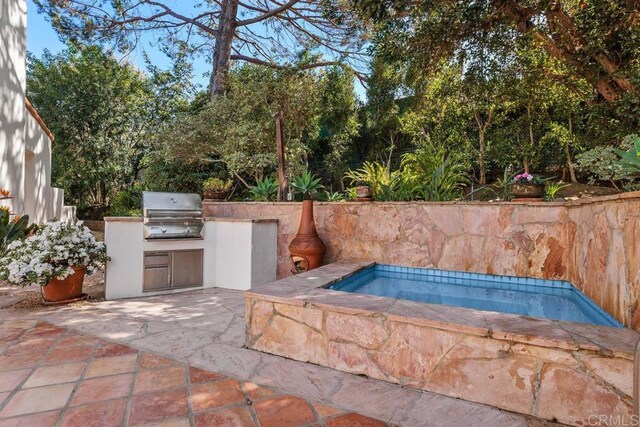 view of swimming pool featuring area for grilling, a grill, and a patio area