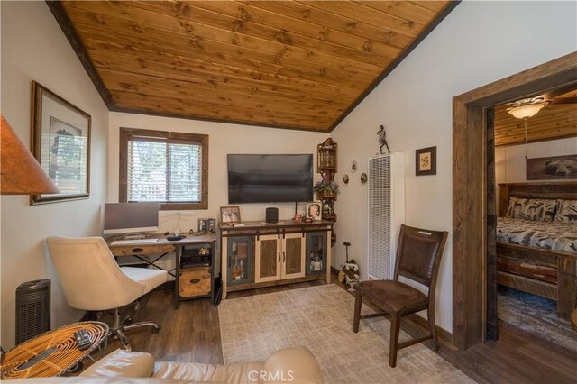 office with crown molding, wooden ceiling, vaulted ceiling, and wood finished floors