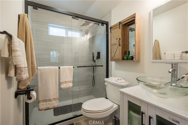 bathroom featuring toilet, a stall shower, and vanity