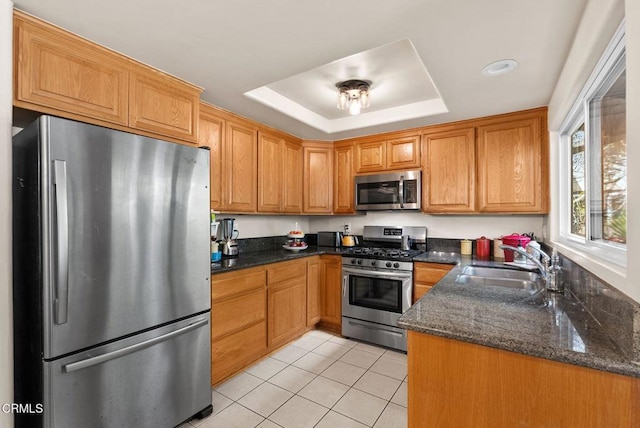 kitchen with a raised ceiling, appliances with stainless steel finishes, dark stone countertops, a sink, and light tile patterned flooring