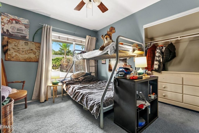 bedroom with ceiling fan and carpet