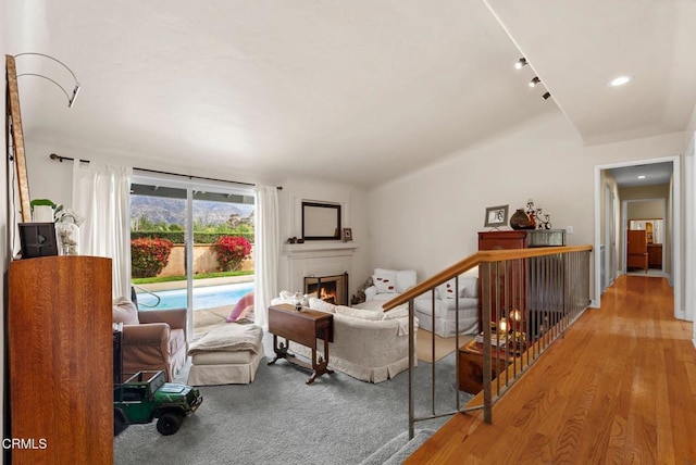 living area with a lit fireplace and wood finished floors