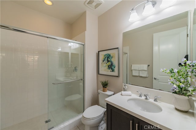 full bathroom with visible vents, vanity, a shower stall, and toilet